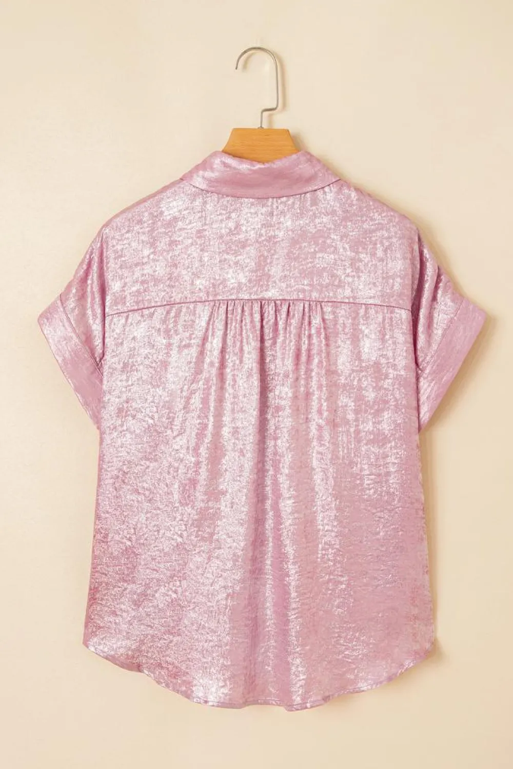 Outlet Dear-Lover Metallic Sheen Short Sleeve Buttoned Front Casual Shirt Pink