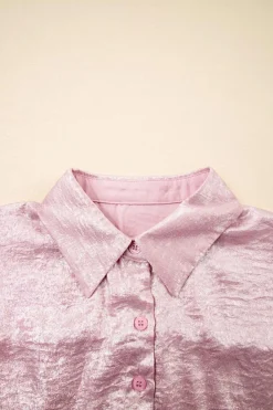 Outlet Dear-Lover Metallic Sheen Short Sleeve Buttoned Front Casual Shirt Pink