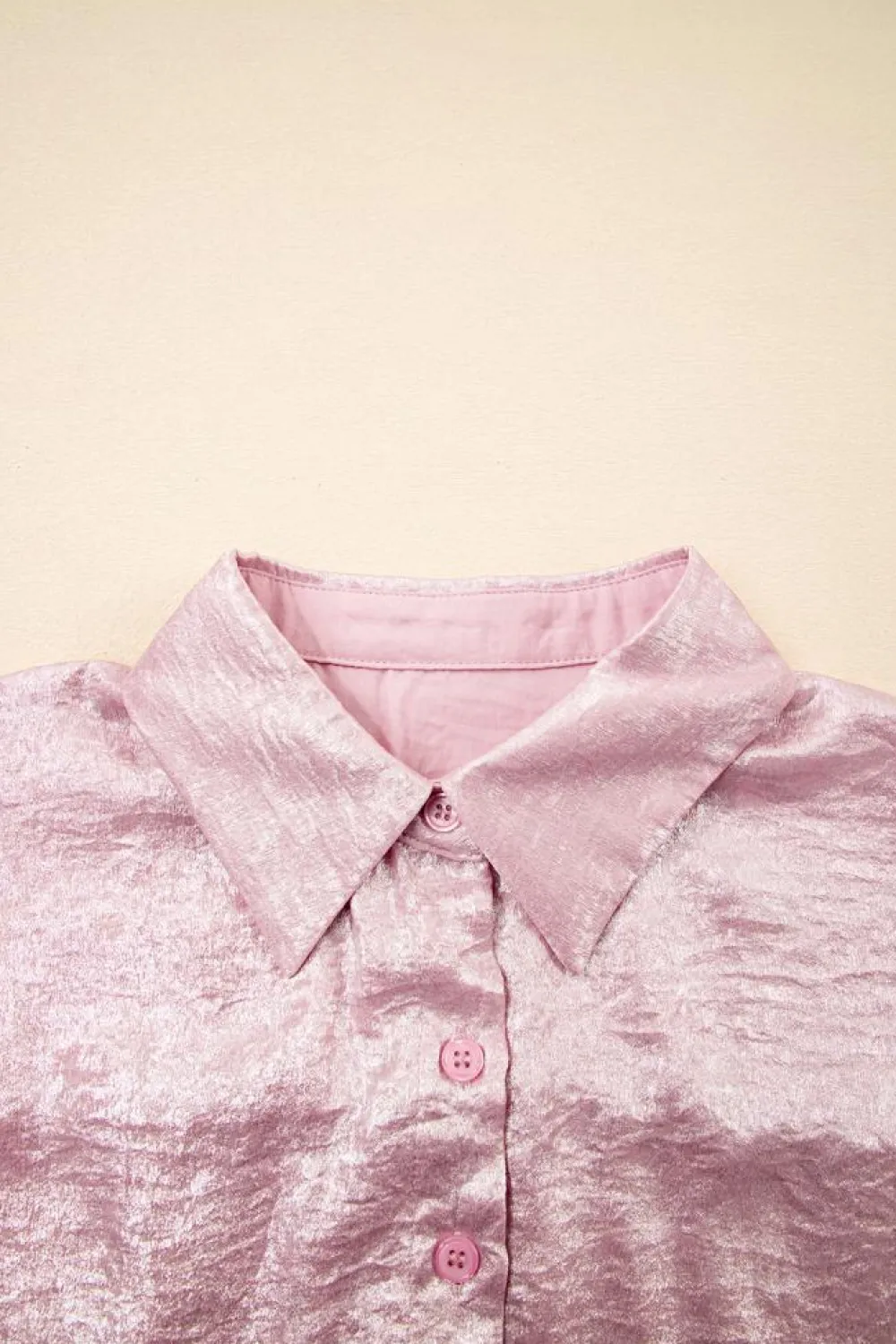 Outlet Dear-Lover Metallic Sheen Short Sleeve Buttoned Front Casual Shirt Pink
