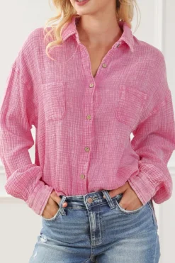 Discount Dear-Lover Mineral Wash Crinkle Textured Chest Pockets Shirt Pink