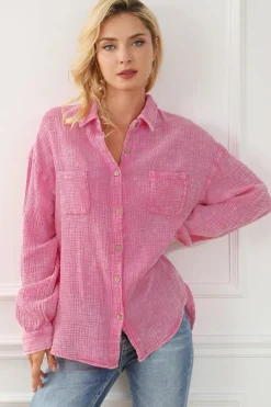 Discount Dear-Lover Mineral Wash Crinkle Textured Chest Pockets Shirt Pink