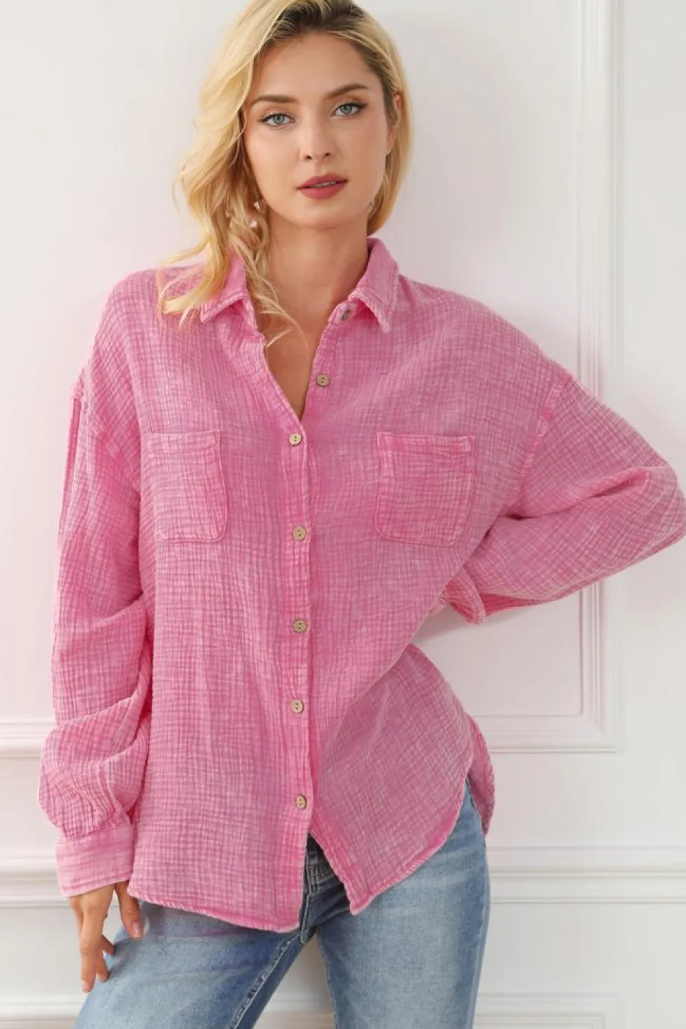 Discount Dear-Lover Mineral Wash Crinkle Textured Chest Pockets Shirt Pink