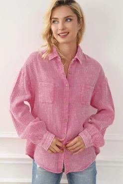 Discount Dear-Lover Mineral Wash Crinkle Textured Chest Pockets Shirt Pink