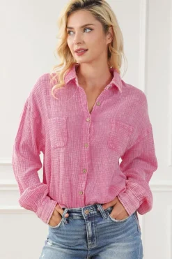 Discount Dear-Lover Mineral Wash Crinkle Textured Chest Pockets Shirt Pink