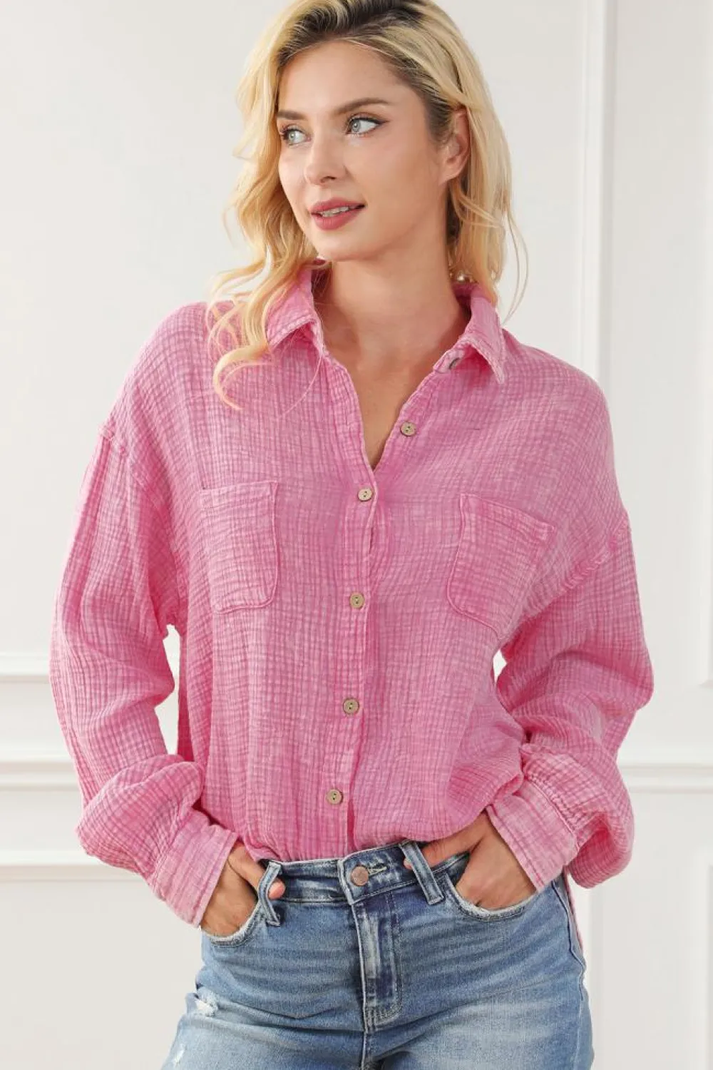 Discount Dear-Lover Mineral Wash Crinkle Textured Chest Pockets Shirt Pink