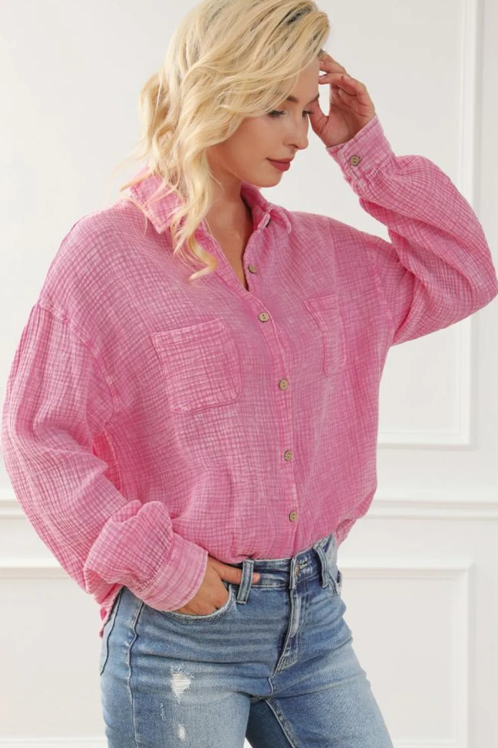 Discount Dear-Lover Mineral Wash Crinkle Textured Chest Pockets Shirt Pink