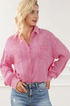 Discount Dear-Lover Mineral Wash Crinkle Textured Chest Pockets Shirt Pink