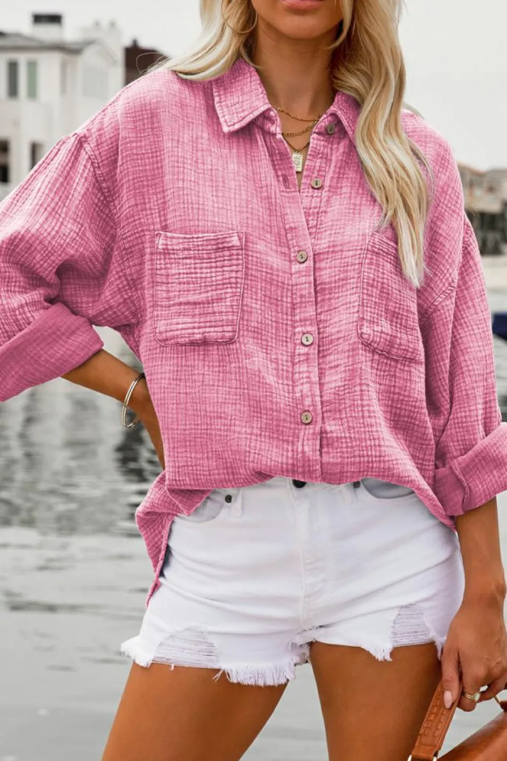 Discount Dear-Lover Mineral Wash Crinkle Textured Chest Pockets Shirt Pink