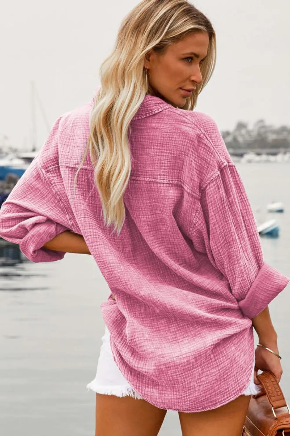 Discount Dear-Lover Mineral Wash Crinkle Textured Chest Pockets Shirt Pink