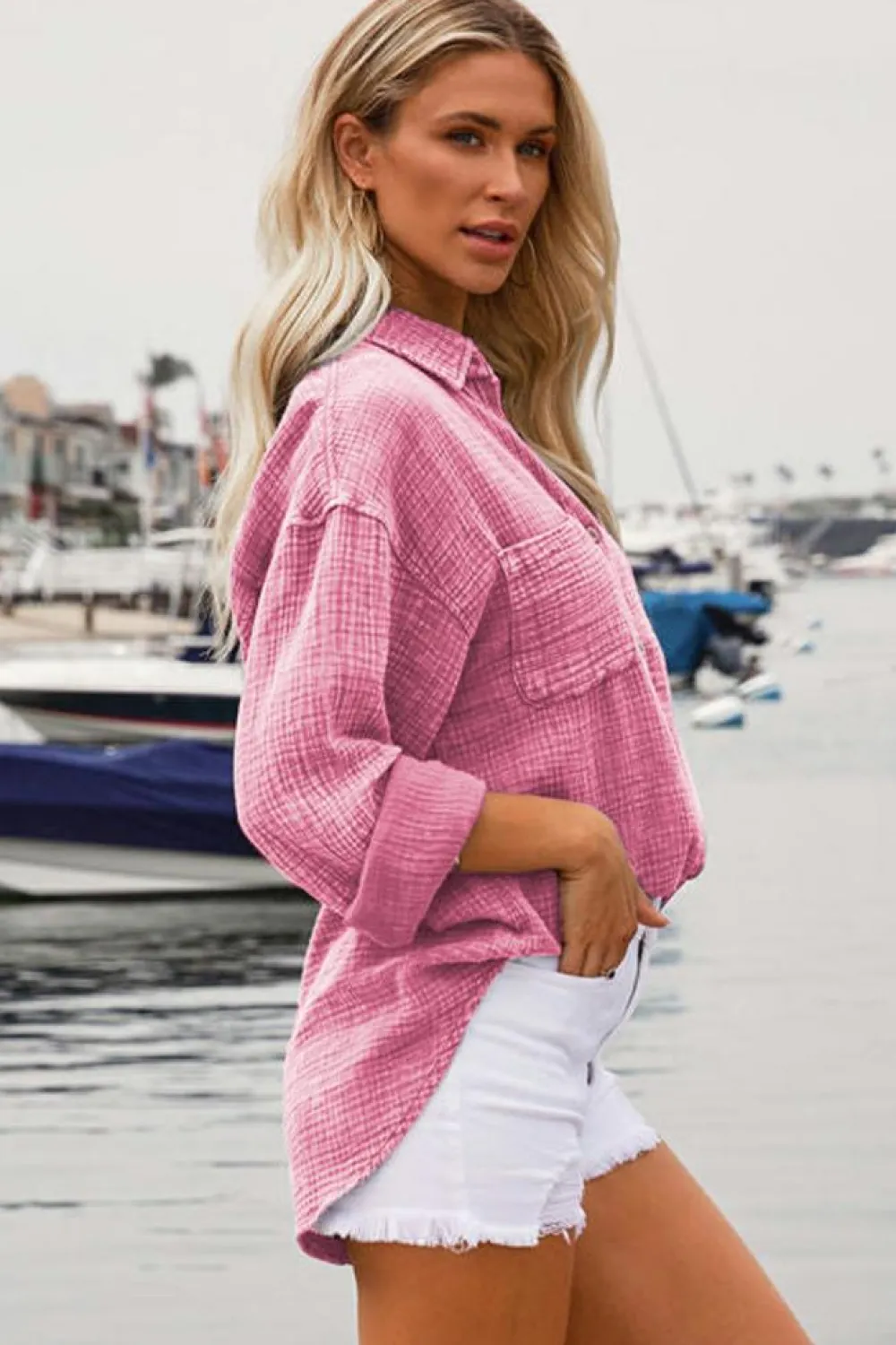 Discount Dear-Lover Mineral Wash Crinkle Textured Chest Pockets Shirt Pink