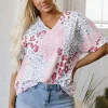 Best Dear-Lover Mixed Leopard Print V Neck Short Sleeve Blouse Pink