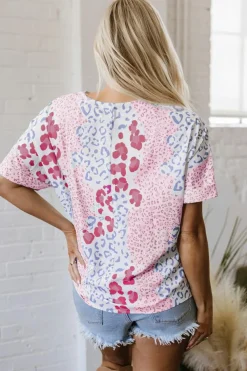 Best Dear-Lover Mixed Leopard Print V Neck Short Sleeve Blouse Pink