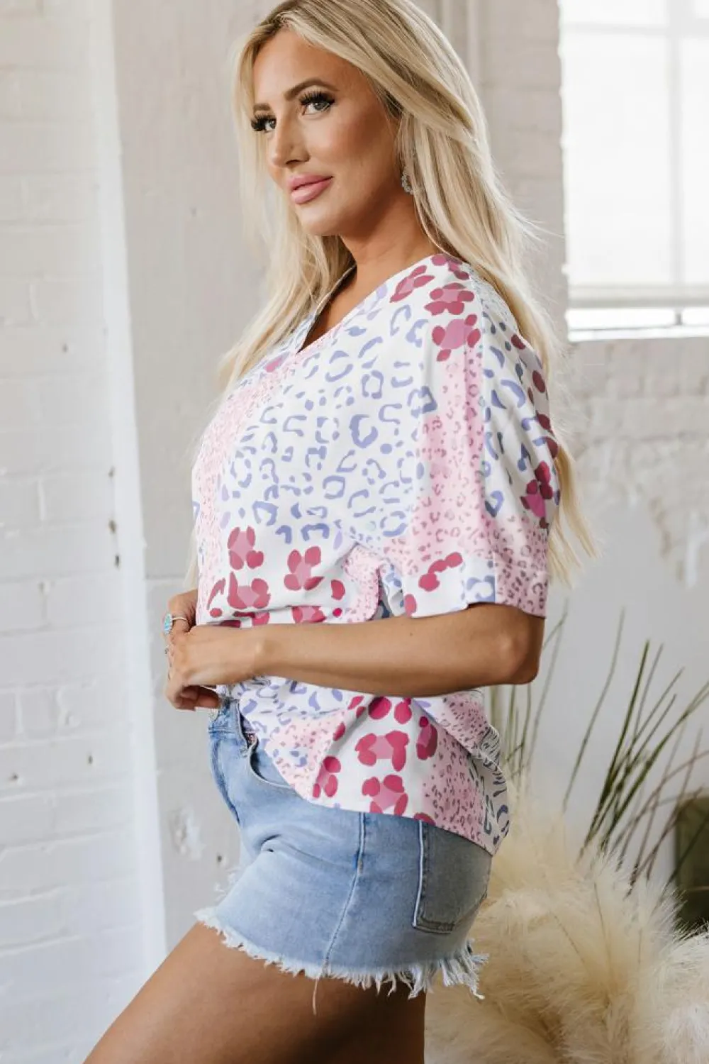Best Dear-Lover Mixed Leopard Print V Neck Short Sleeve Blouse Pink