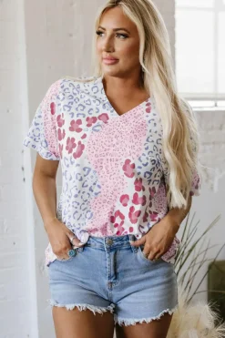 Best Dear-Lover Mixed Leopard Print V Neck Short Sleeve Blouse Pink