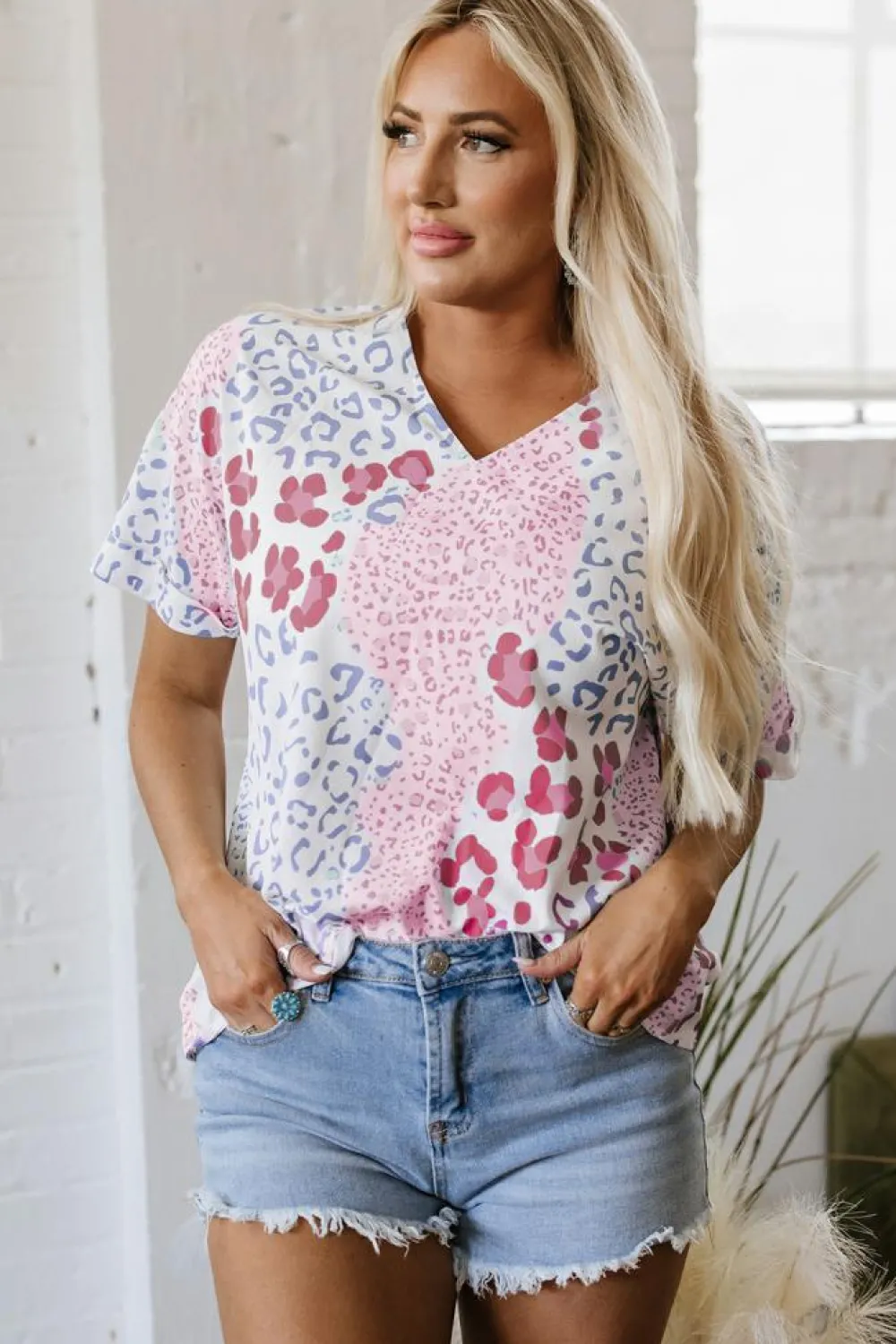 Best Dear-Lover Mixed Leopard Print V Neck Short Sleeve Blouse Pink