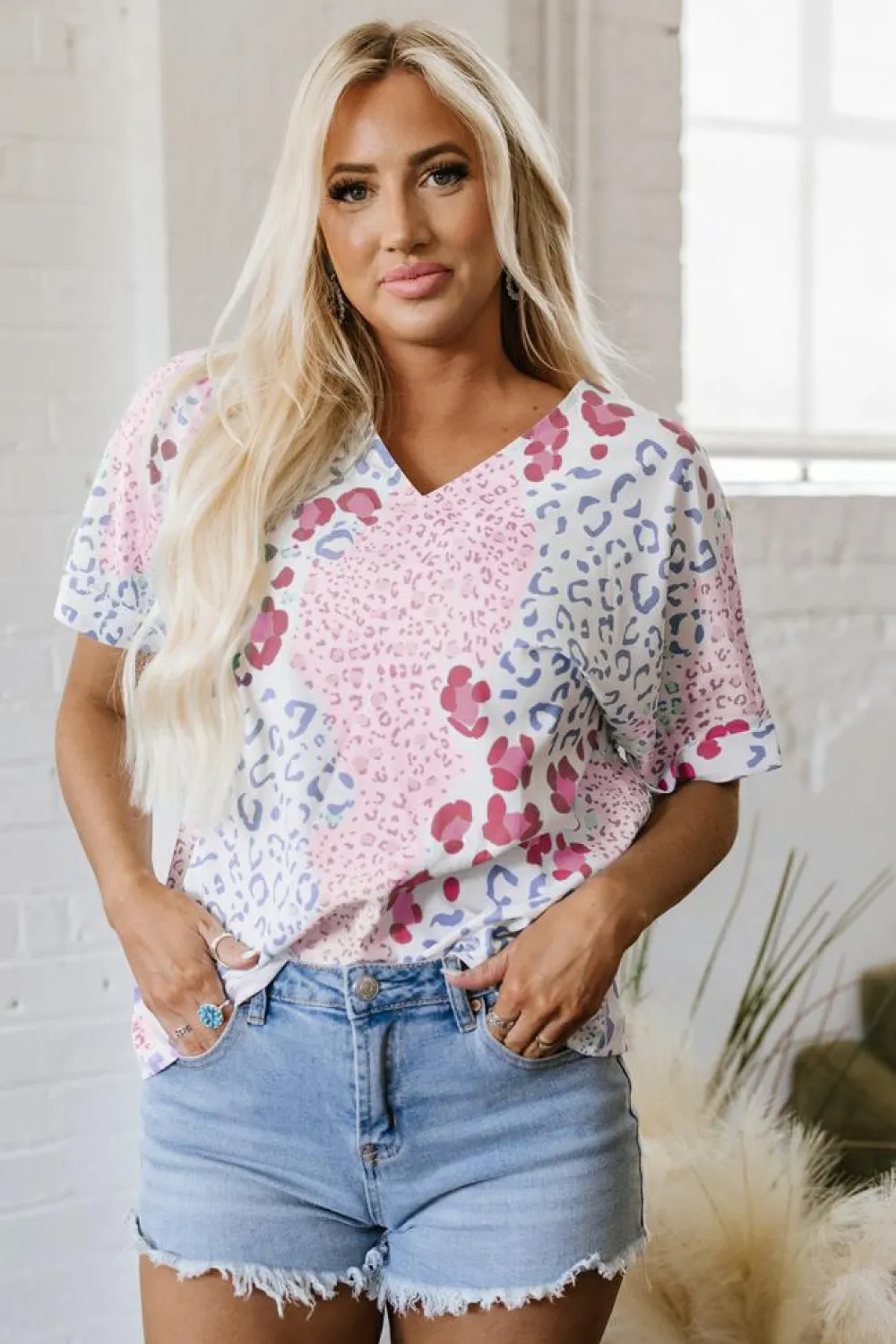Best Dear-Lover Mixed Leopard Print V Neck Short Sleeve Blouse Pink