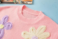 Outlet Dear-Lover Multi Crochet Flower Knit Short Sleeve Sweater Top Pink