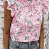 Discount Dear-Lover Multicolor Abstract Print High Neck Flutter Sleeves Top Pink