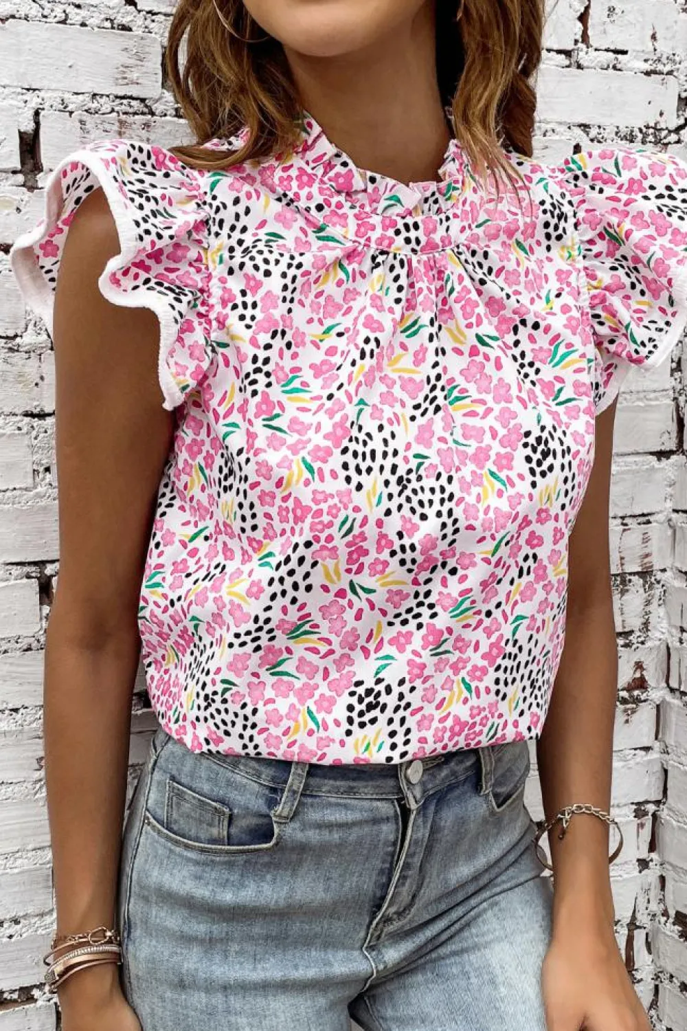 Discount Dear-Lover Multicolor Abstract Print High Neck Flutter Sleeves Top Pink