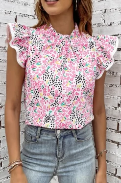 Discount Dear-Lover Multicolor Abstract Print High Neck Flutter Sleeves Top Pink
