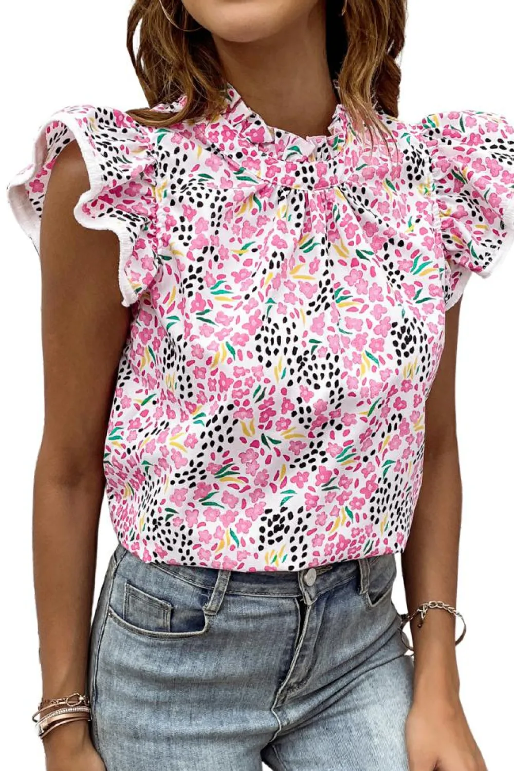Discount Dear-Lover Multicolor Abstract Print High Neck Flutter Sleeves Top Pink