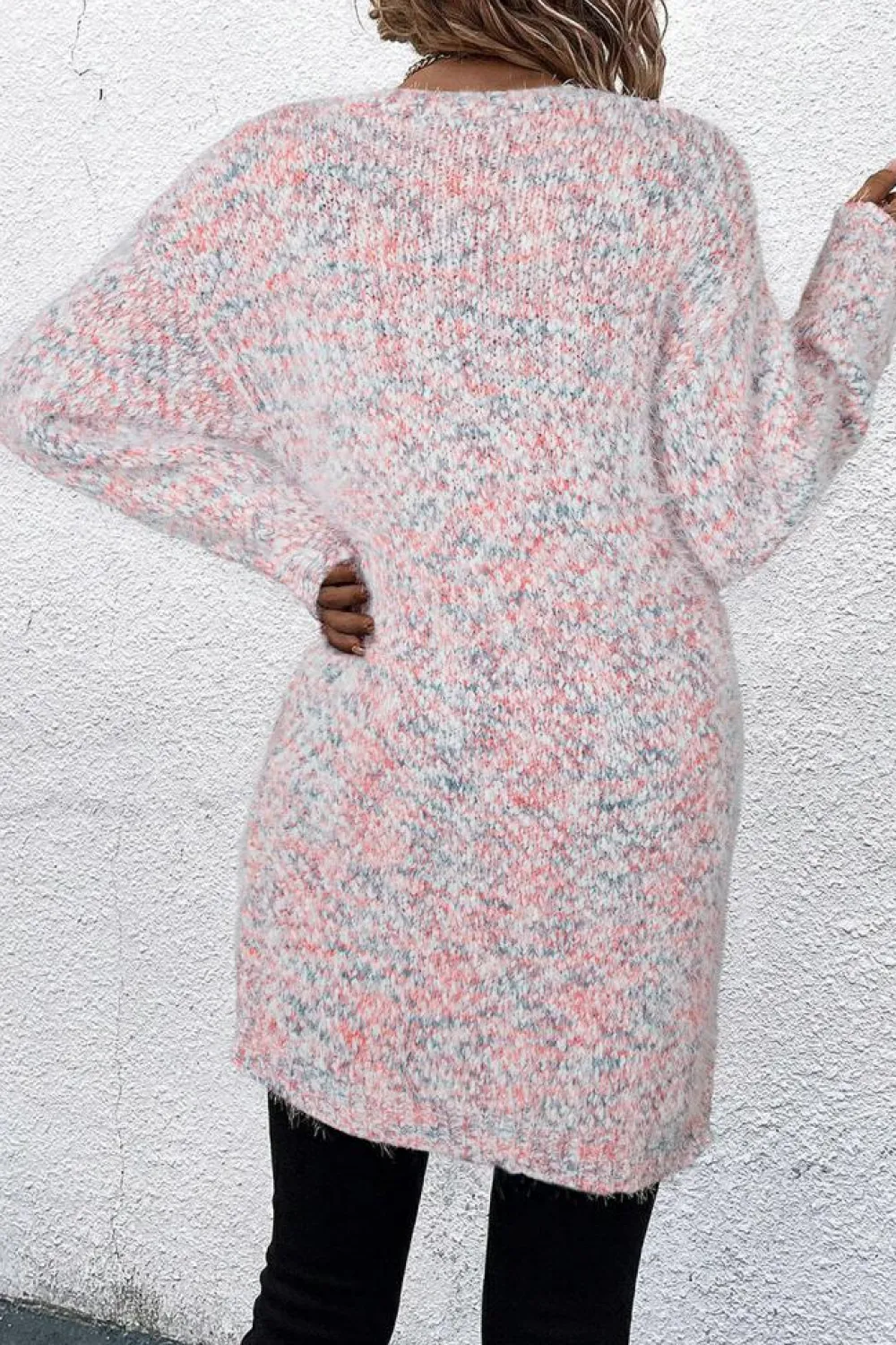 Fashion Dear-Lover Multicolor Confetti Open Front Knit Cardigan Pink