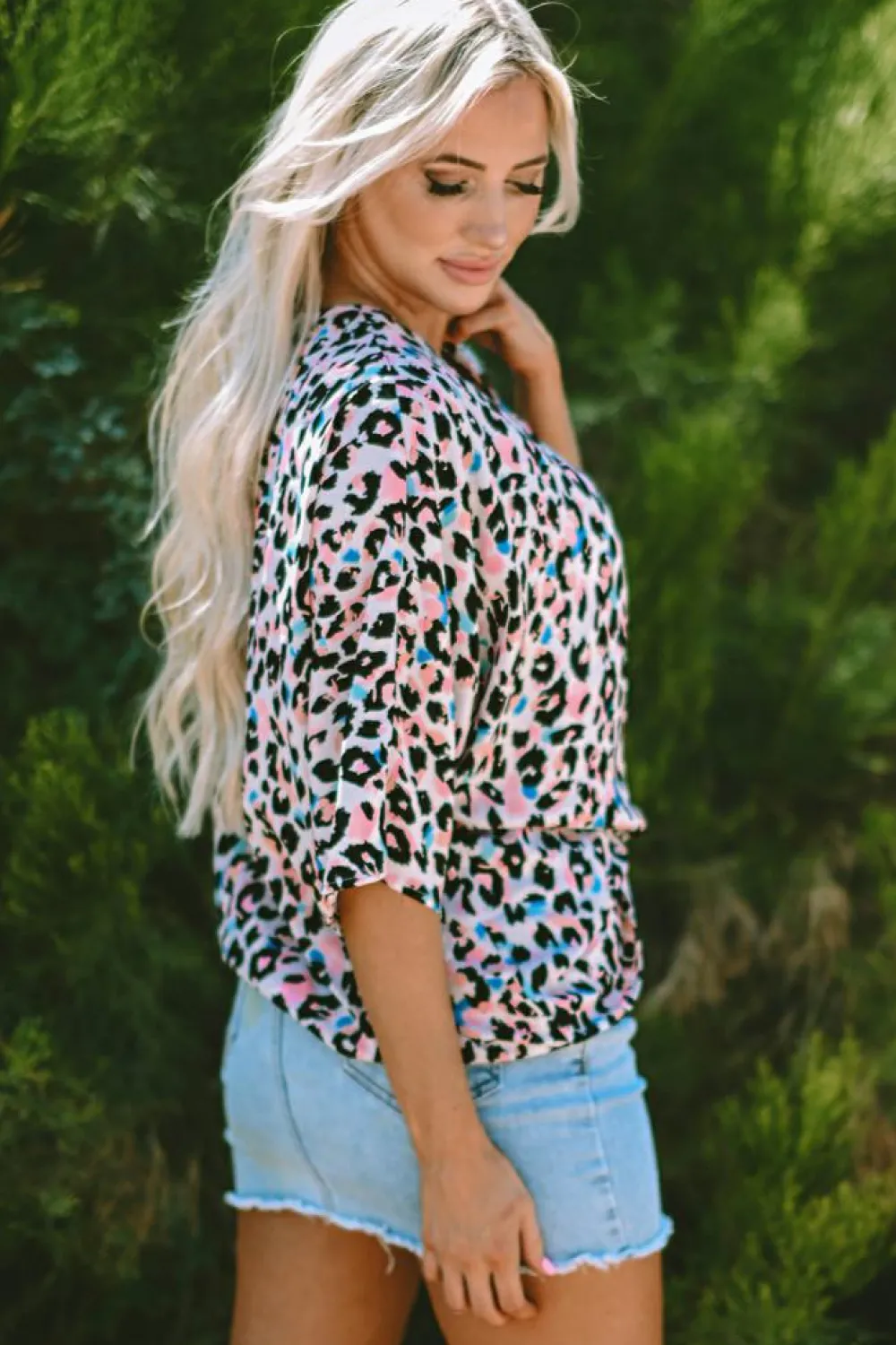 Hot Dear-Lover Multicolor Leopard Print V Neck Oversized Blouse Pink