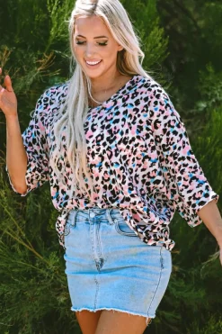 Hot Dear-Lover Multicolor Leopard Print V Neck Oversized Blouse Pink
