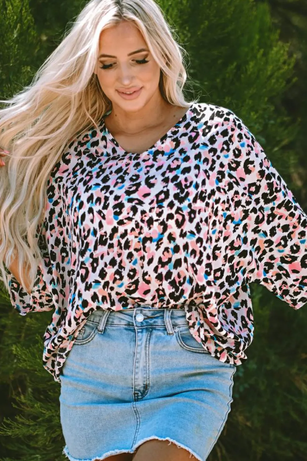 Hot Dear-Lover Multicolor Leopard Print V Neck Oversized Blouse Pink
