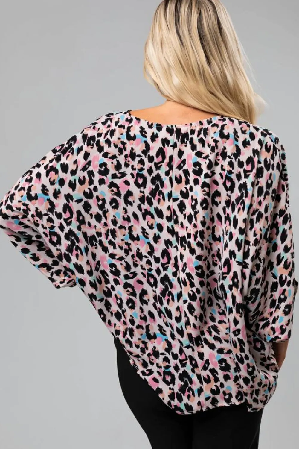 Hot Dear-Lover Multicolor Leopard Print V Neck Oversized Blouse Pink