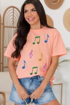Clearance Dear-Lover Music Notes Patched Graphic Casual T Shirt Pink