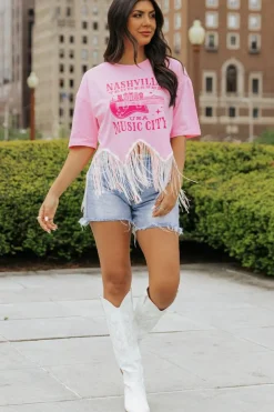 Outlet Dear-Lover NASHVILE MUSIC CITY Graphic Sequin Fringed Hem Tee Pink