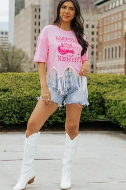Outlet Dear-Lover NASHVILE MUSIC CITY Graphic Sequin Fringed Hem Tee Pink