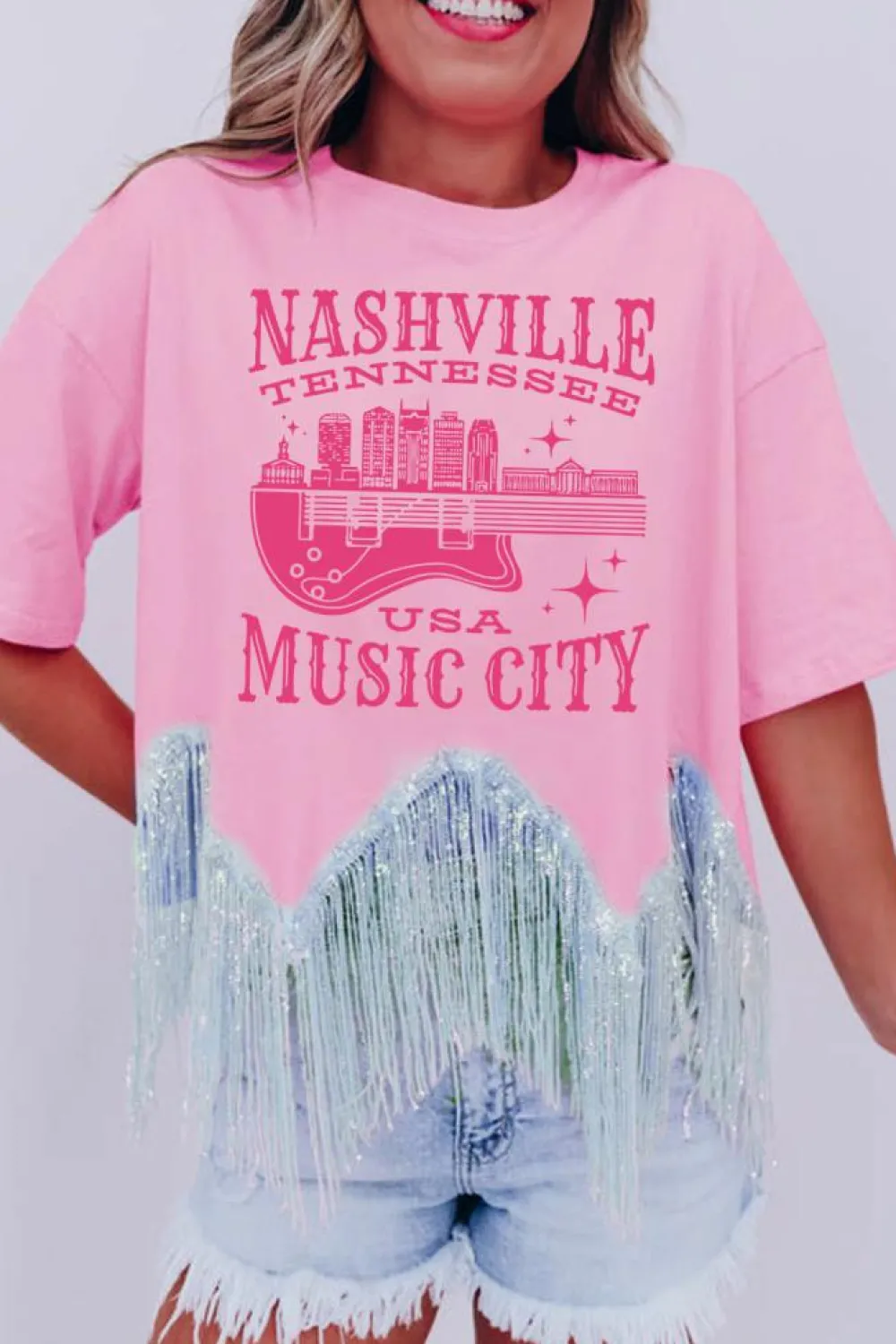 Outlet Dear-Lover NASHVILE MUSIC CITY Graphic Sequin Fringed Hem Tee Pink