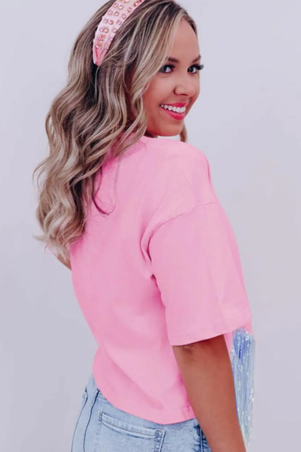 Outlet Dear-Lover NASHVILE MUSIC CITY Graphic Sequin Fringed Hem Tee Pink