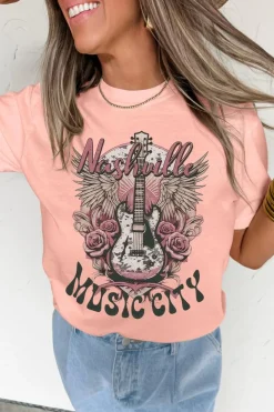 Best Dear-Lover Nashville MUSIC CITY Guitar Graphic Crewneck Tee Pink