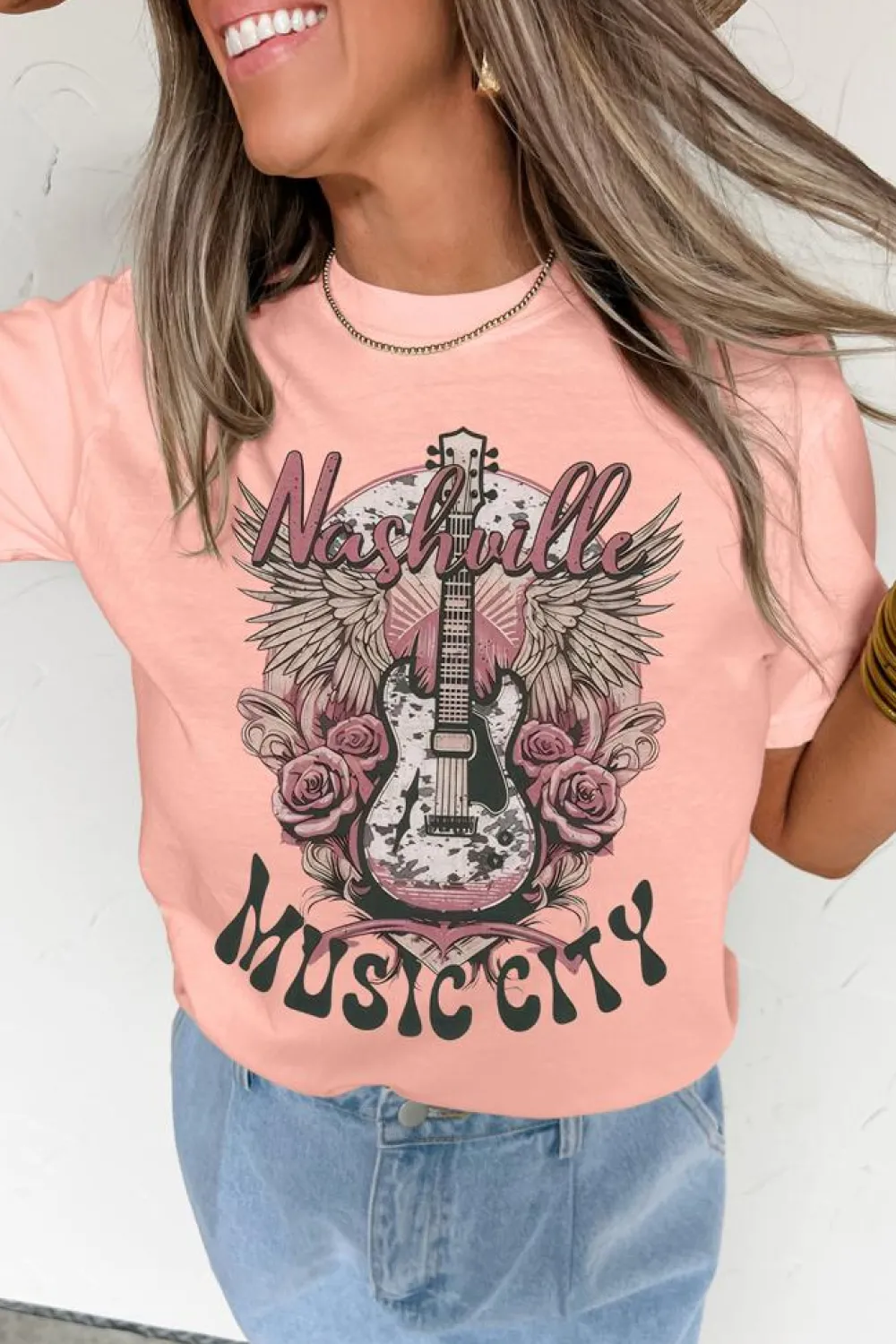 Best Dear-Lover Nashville MUSIC CITY Guitar Graphic Crewneck Tee Pink