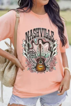 Hot Dear-Lover NASHVILLE MUSIC CITY Guitar Graphic T Shirt Pink