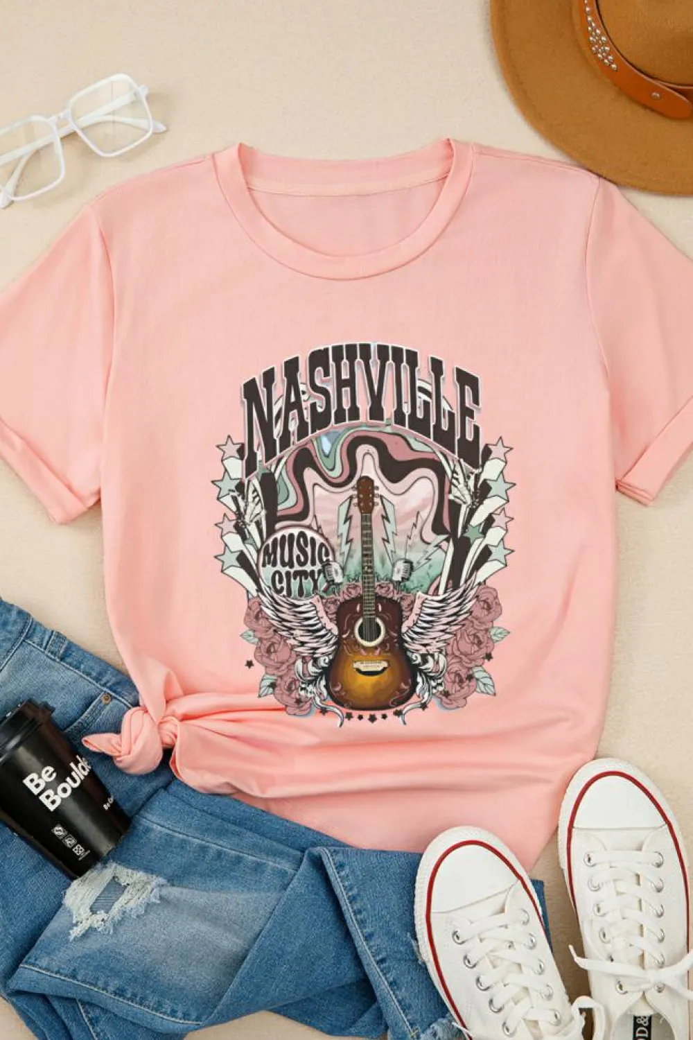 Hot Dear-Lover NASHVILLE MUSIC CITY Guitar Graphic T Shirt Pink
