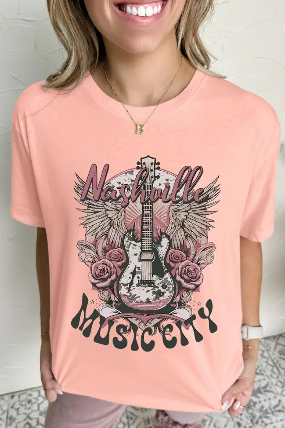 Best Dear-Lover Nashville MUSIC CITY Guitar Graphic Crewneck Tee Pink