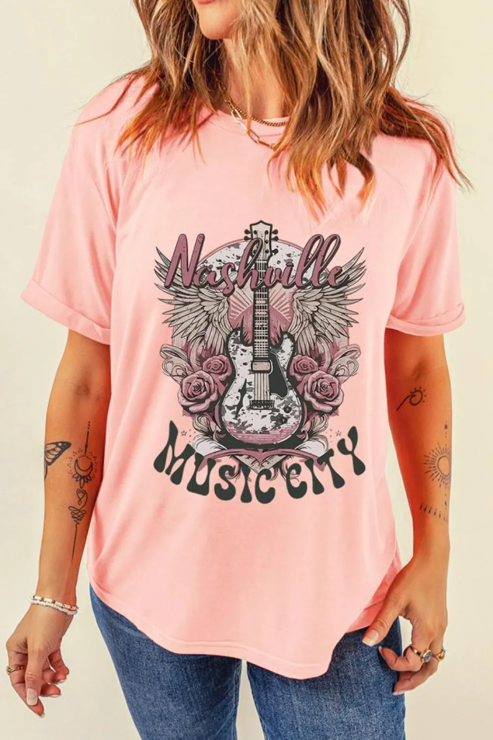 Best Dear-Lover Nashville MUSIC CITY Guitar Graphic Crewneck Tee Pink