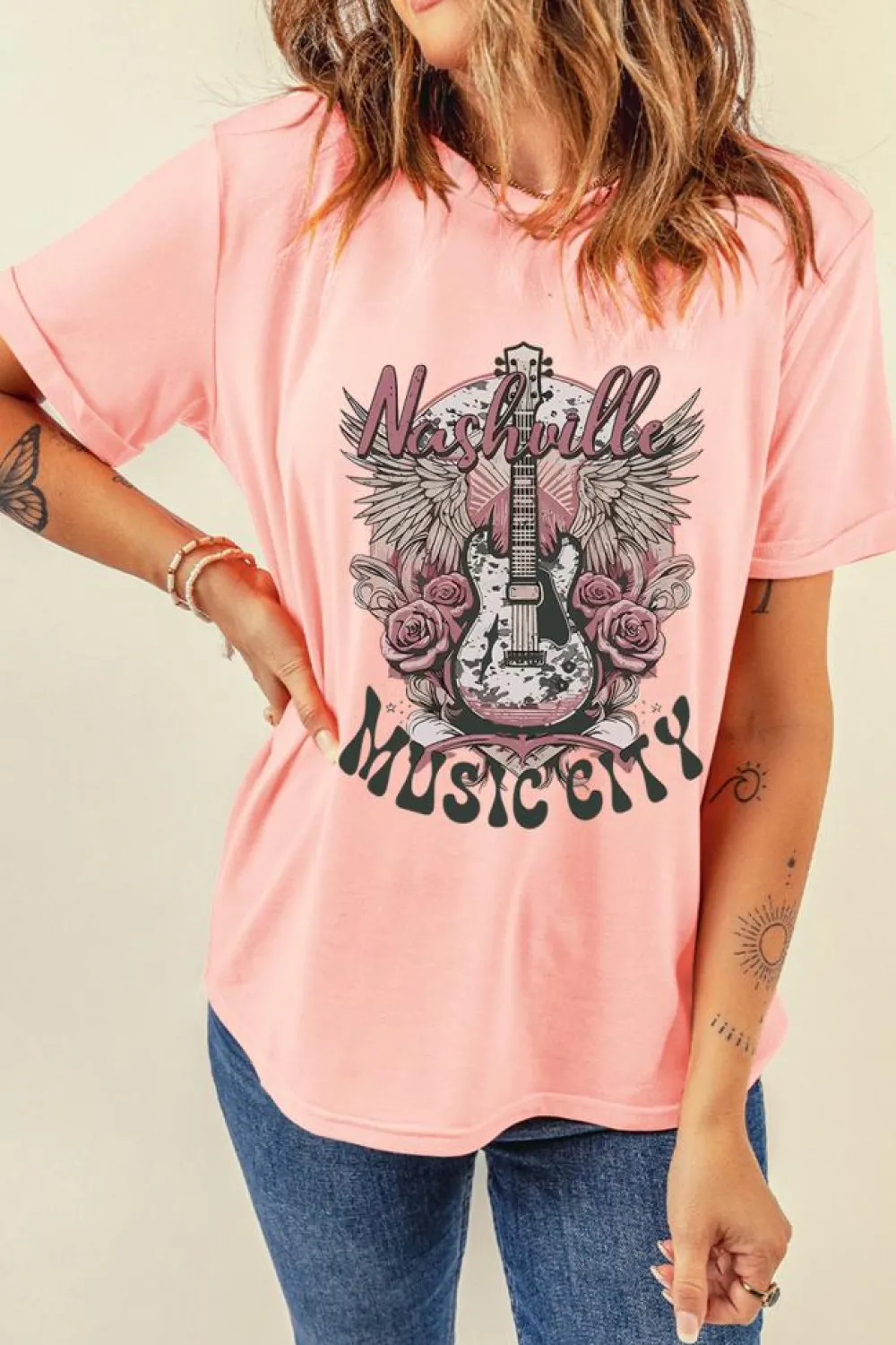 Best Dear-Lover Nashville MUSIC CITY Guitar Graphic Crewneck Tee Pink