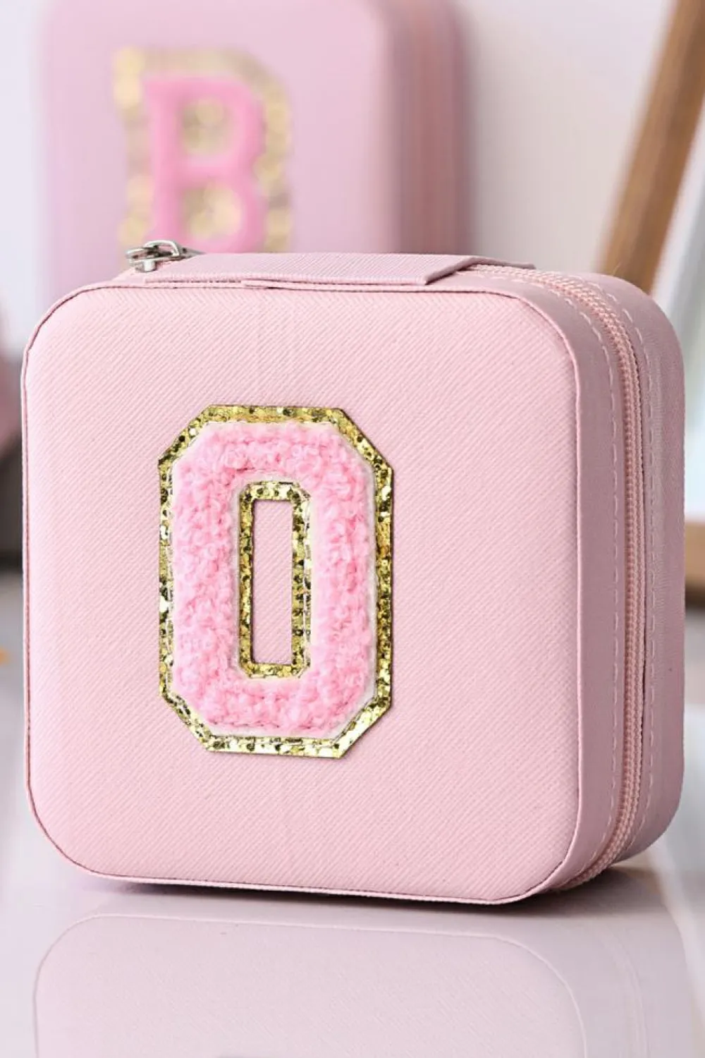 Clearance Dear-Lover O Initial Chenille Jewelry Box with Mirror Pink