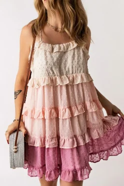Hot Dear-Lover Ombre Swiss Dot Ruffled Tiered Mini Dress Pink