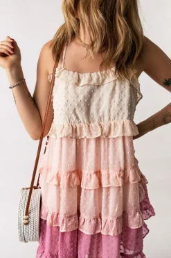 Hot Dear-Lover Ombre Swiss Dot Ruffled Tiered Mini Dress Pink