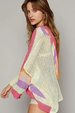 Best Dear-Lover Oversized Colorblock V Neck Hooded Sweater Pink
