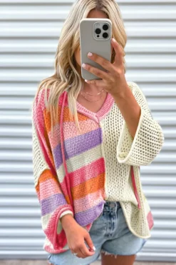 Best Dear-Lover Oversized Colorblock V Neck Hooded Sweater Pink