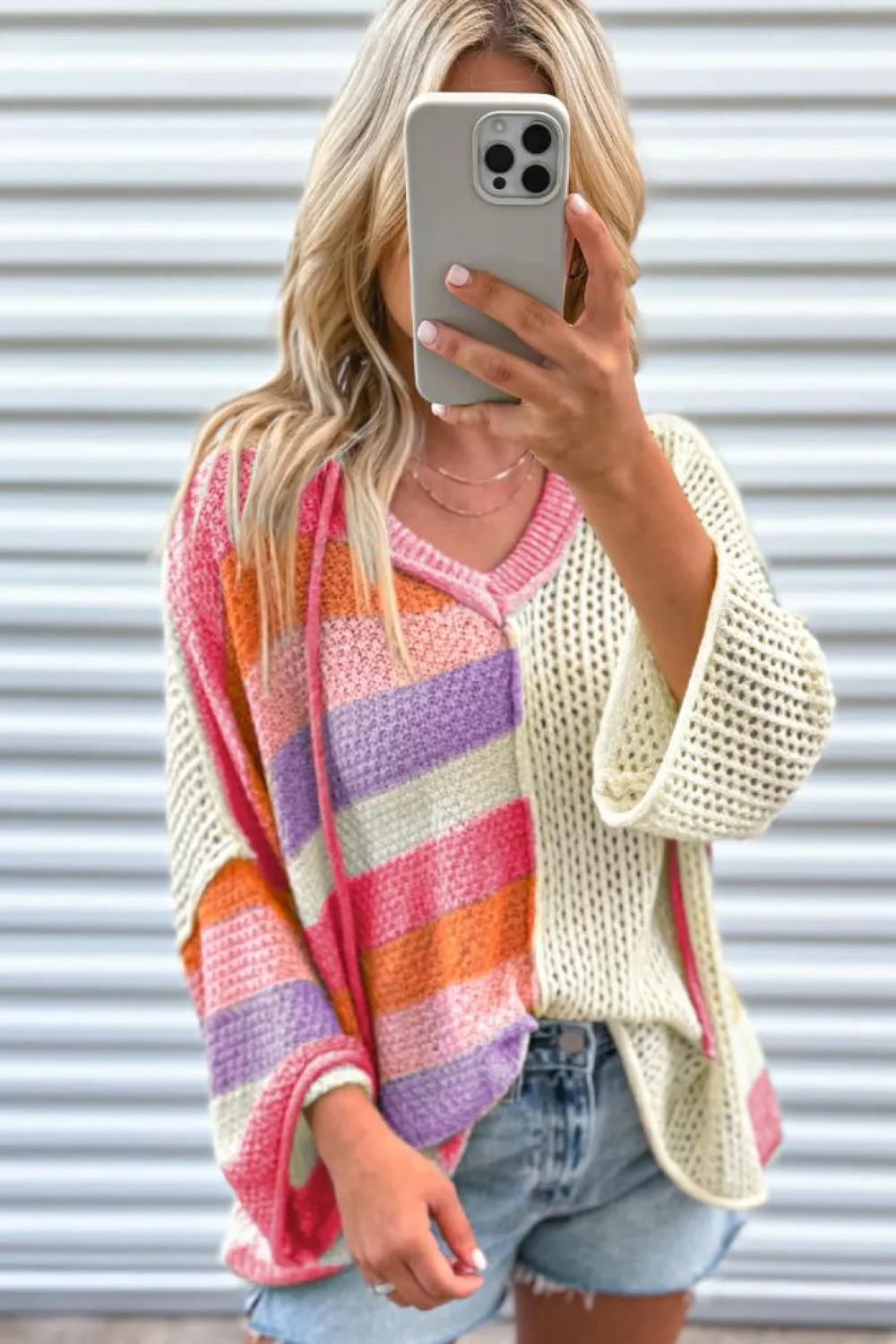 Best Dear-Lover Oversized Colorblock V Neck Hooded Sweater Pink