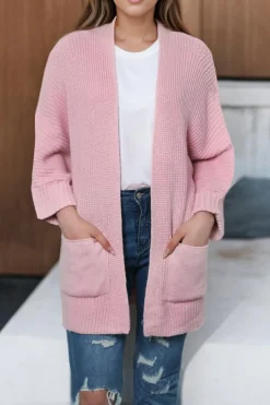 New Dear-Lover Oversized Fold Over Sleeve Open Front Cardigan Pink
