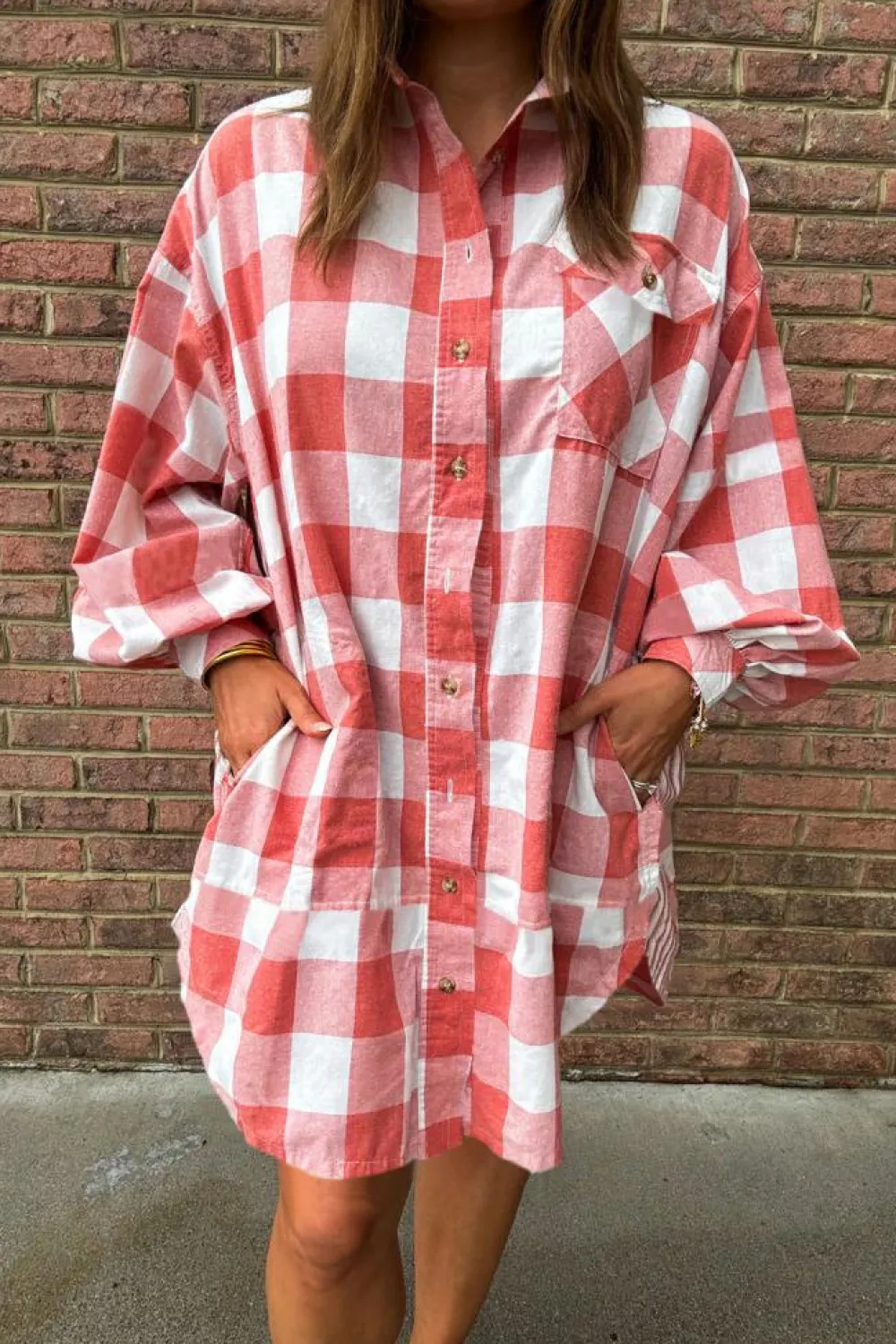 Clearance Dear-Lover Oversized Plaid Puff Sleeve Round Hem Shirt Dress Pink
